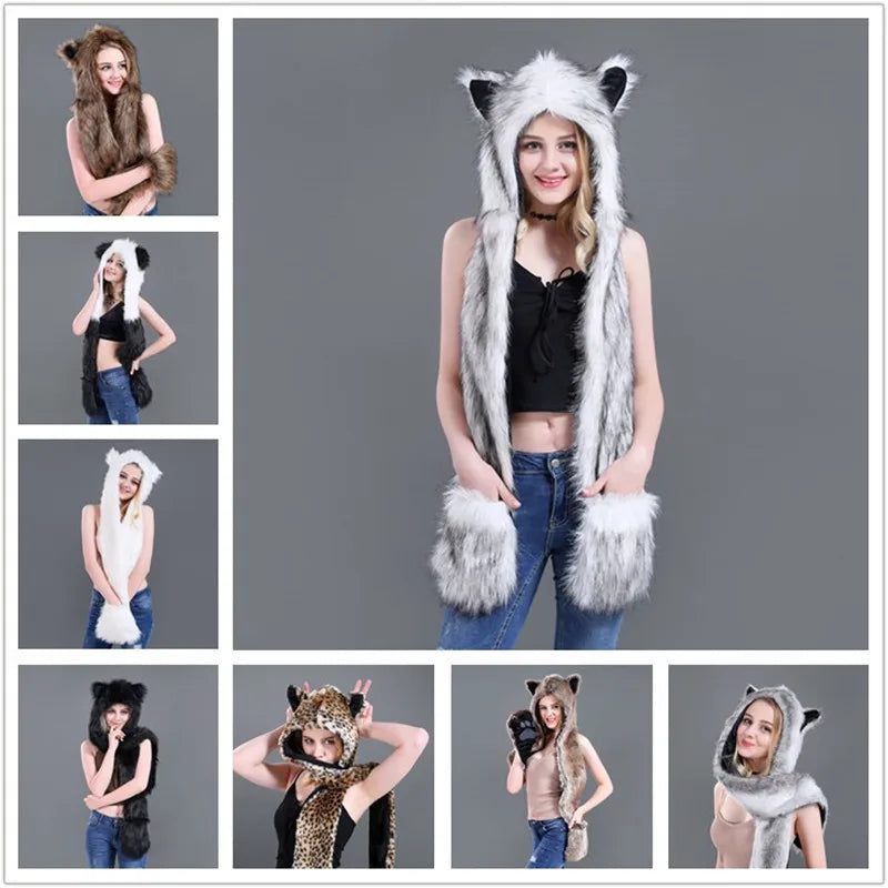 Women's Animal Hooded Plush Hat Scarf and Gloves Integrated Winter Set