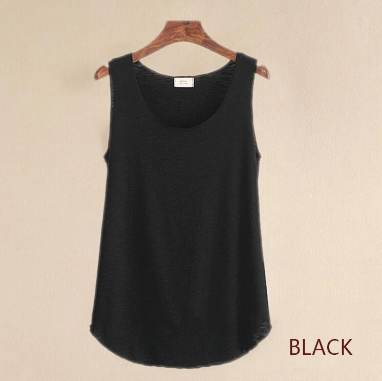 Women's Round Neck Cotton Blend Long Tank Top with Curved Hem