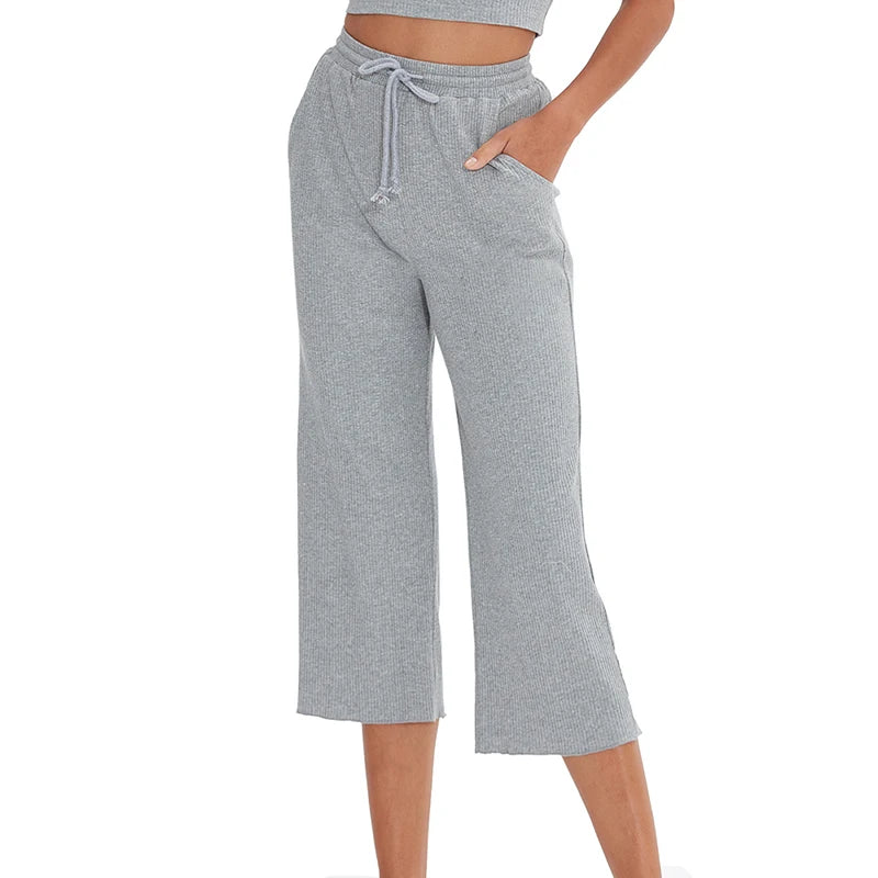 Women's 94% Cotton Loose High-Waist Wide-Leg Pants with Side Pockets and Drawstring