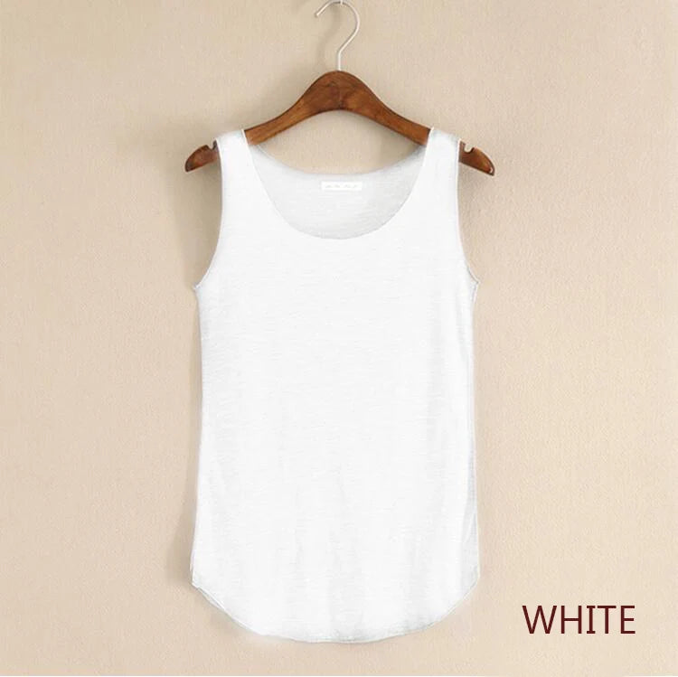 Women's Round Neck Cotton Blend Long Tank Top with Curved Hem