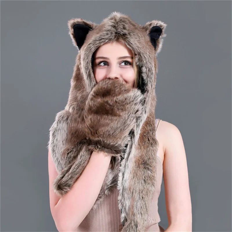 Women's Animal Hooded Plush Hat Scarf and Gloves Integrated Winter Set