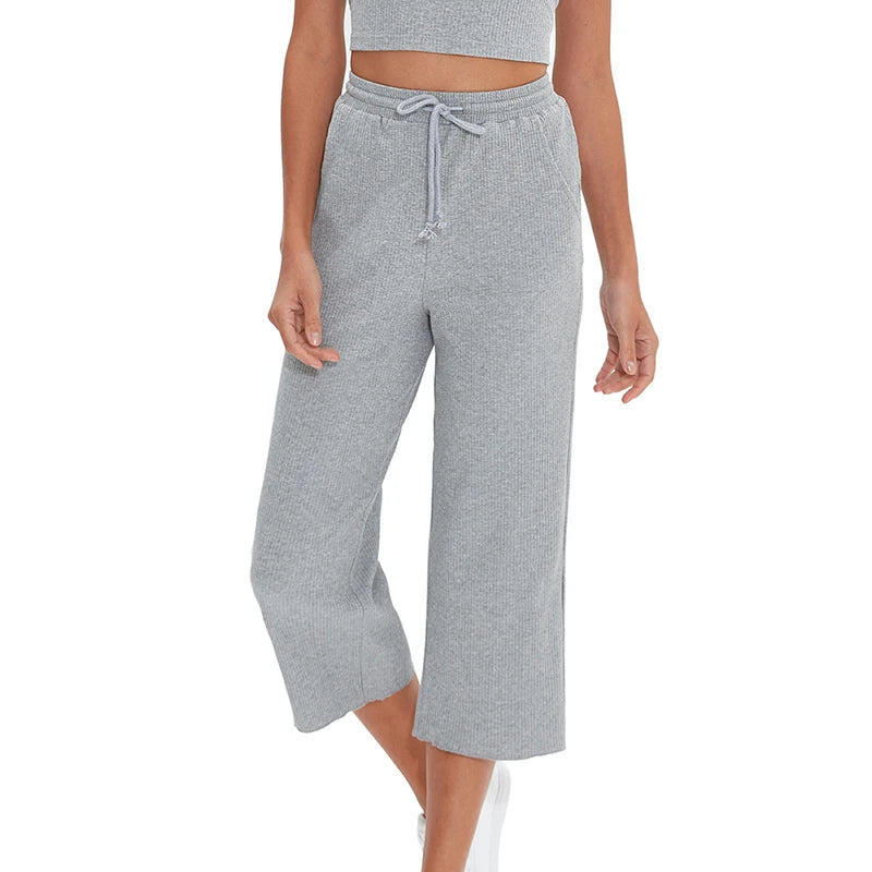 Women's 94% Cotton Loose High-Waist Wide-Leg Pants with Side Pockets and Drawstring
