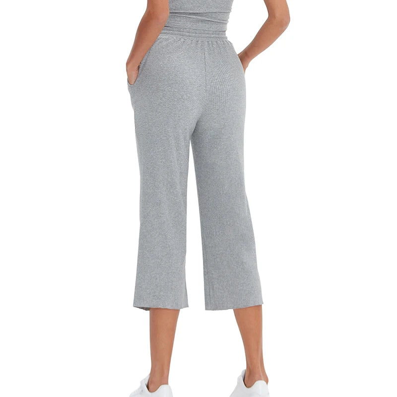 Women's 94% Cotton Loose High-Waist Wide-Leg Pants with Side Pockets and Drawstring