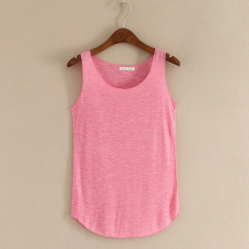 Women's Round Neck Cotton Blend Long Tank Top with Curved Hem