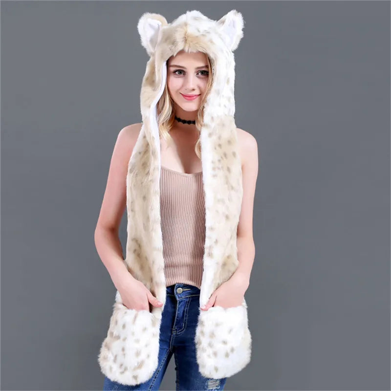 Women's Animal Hooded Plush Hat Scarf and Gloves Integrated Winter Set
