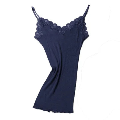 Women's Lace Trim Silk Cotton Blend Camisole with Adjustable Thin Straps