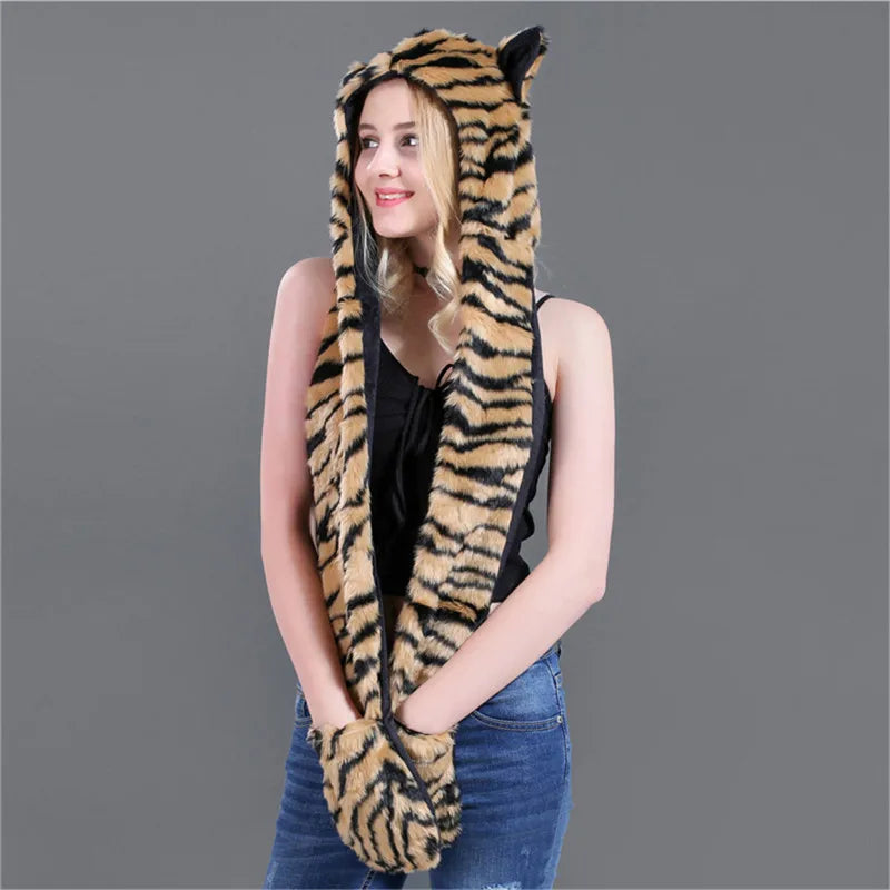 Women's Animal Hooded Plush Hat Scarf and Gloves Integrated Winter Set