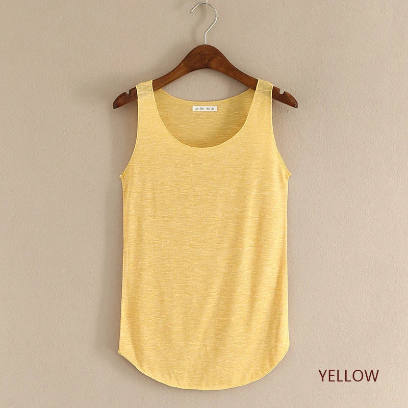 Women's Round Neck Cotton Blend Long Tank Top with Curved Hem