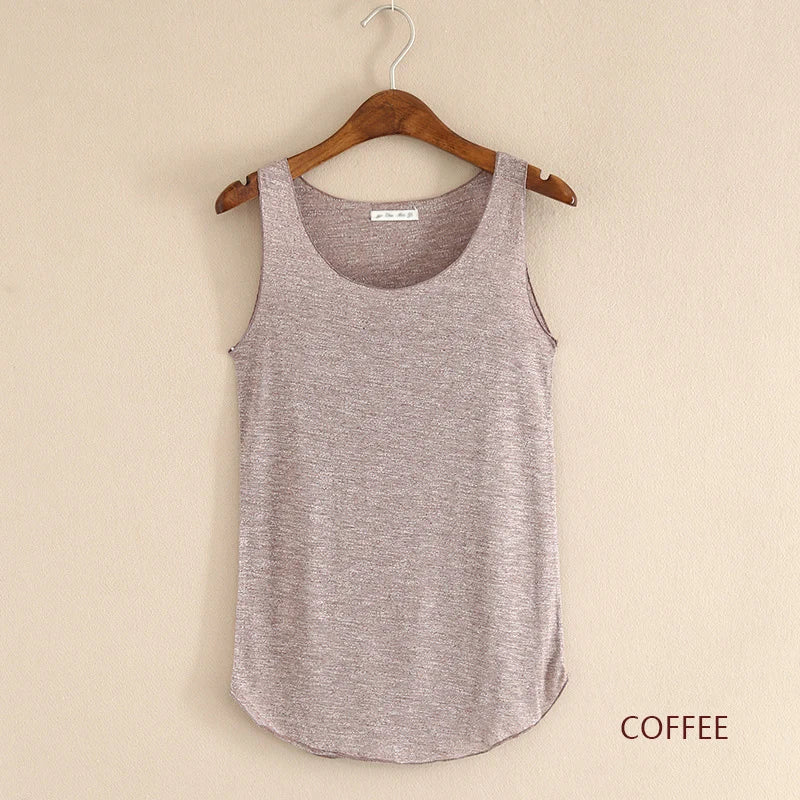 Women's Round Neck Cotton Blend Long Tank Top with Curved Hem