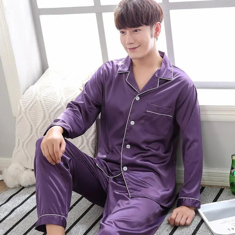 Men's Satin Look Button Front Shirt and Pants Pajama Set