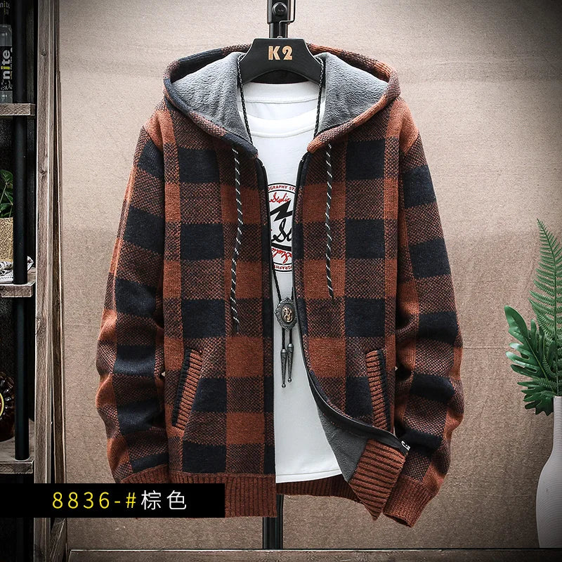 Men's Checked Hooded Zip Front Knit Cardigan