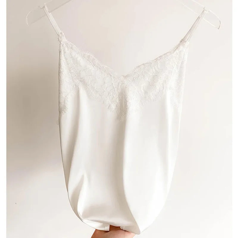 Women's Lace Trim Satin Polyester Camisole with Thin Straps and V Neck