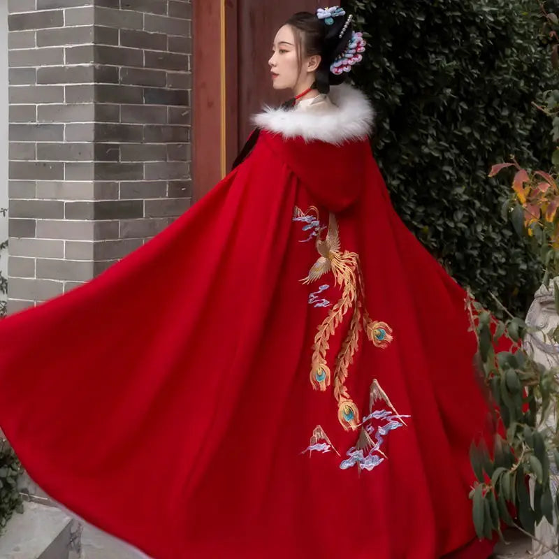 Embroidered Hooded Trim Cape for Layering over Outfits