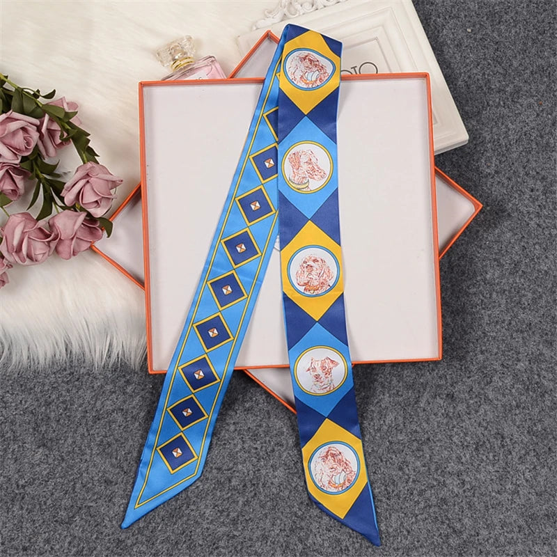 Horse Motif Skinny Ribbon Scarf with Printed Designs
