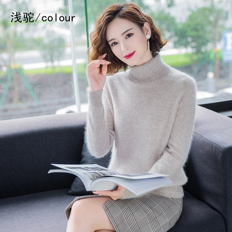 Women's Plain Roll Neck Long Sleeve Sweater Casual Knit Layer