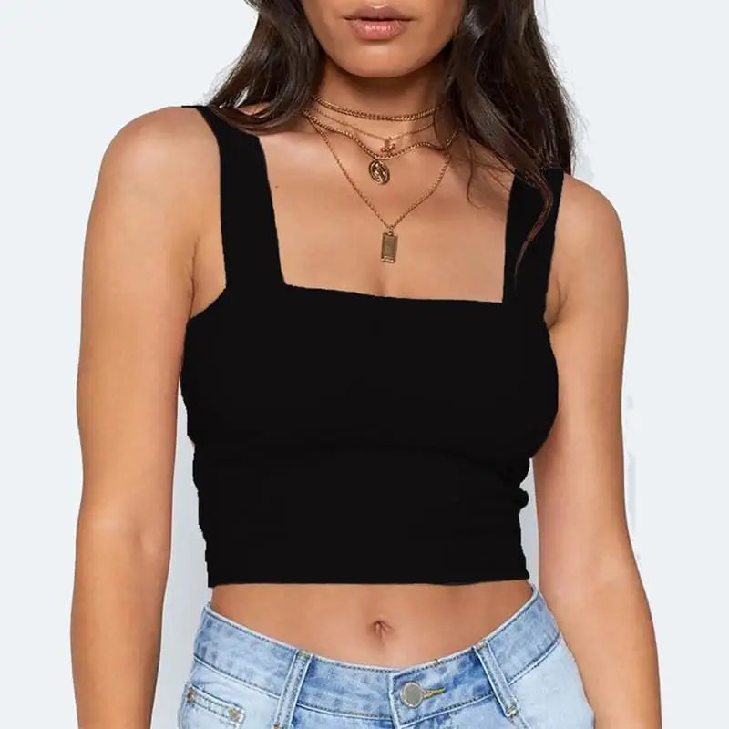 Women's Square Neck Polyester Blend Crop Tank Top with Wide Straps