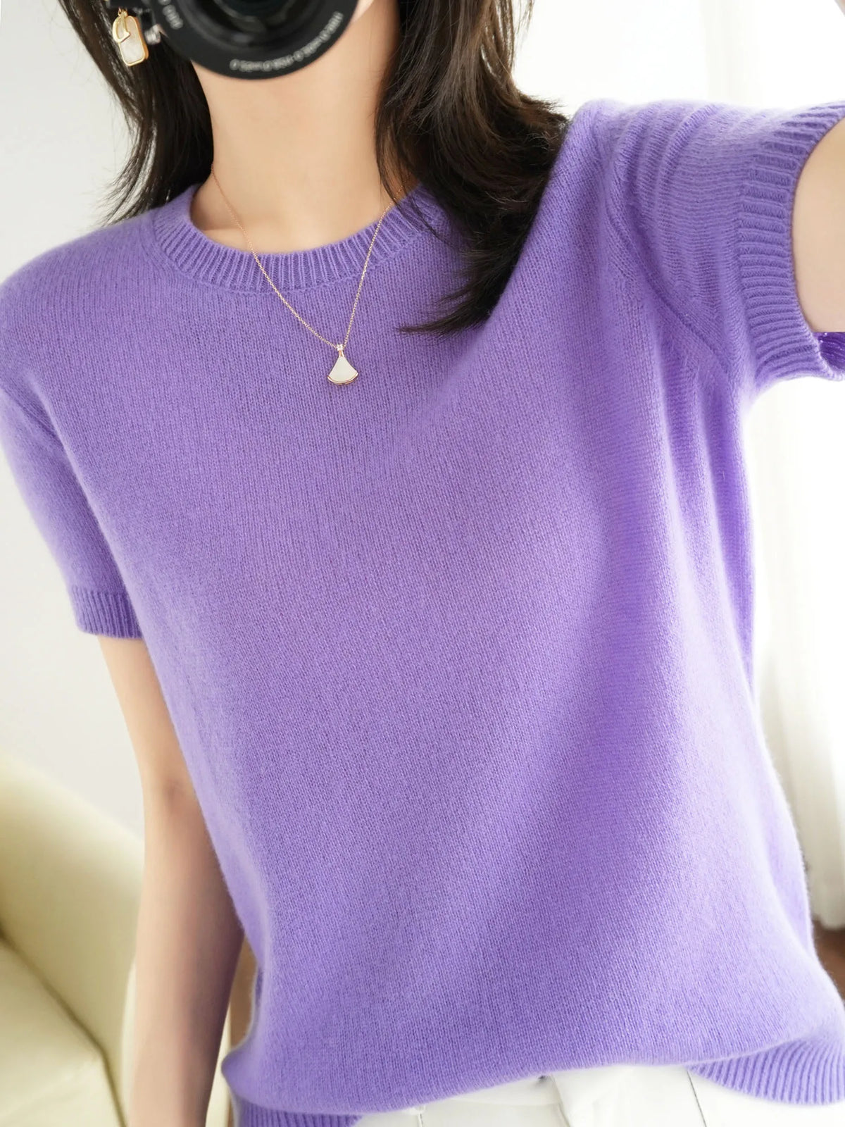 Women's Crew Neck Short Sleeve Sweater Casual Knit Layer