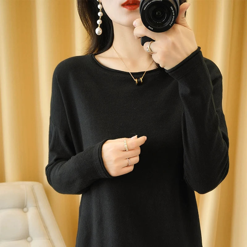 Women's Cotton Long-Sleeve Round-Neck Pullover Sweater with Medium Stretch for Casual Outfits