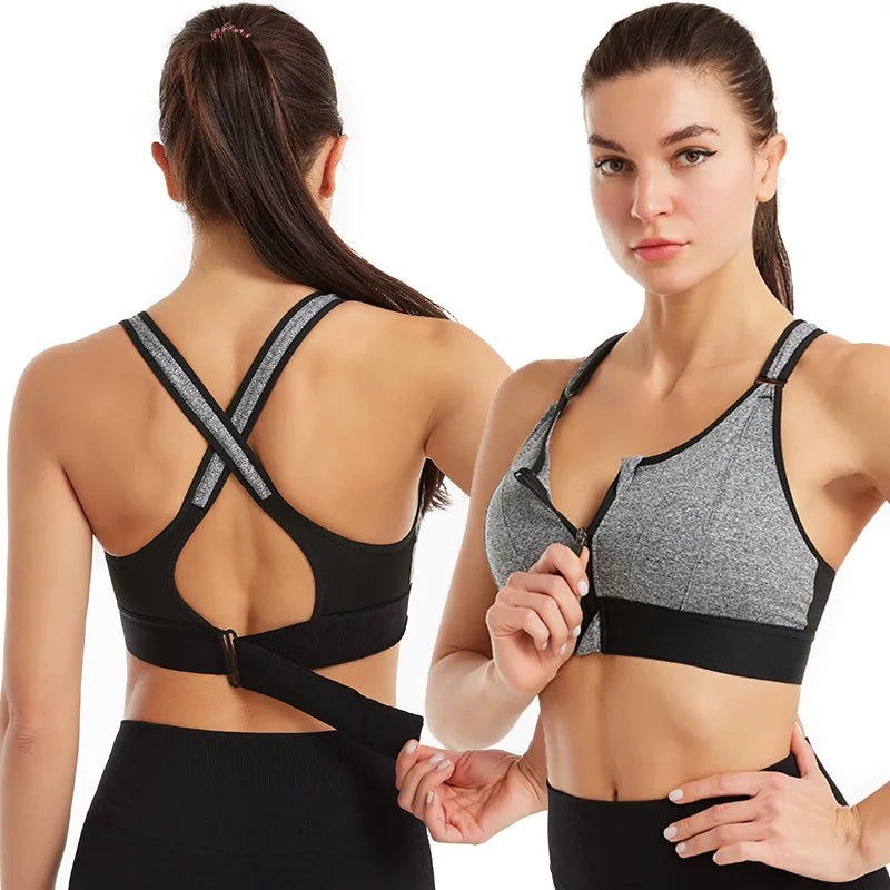 Women's Front Zip Cross Back Sports Bra