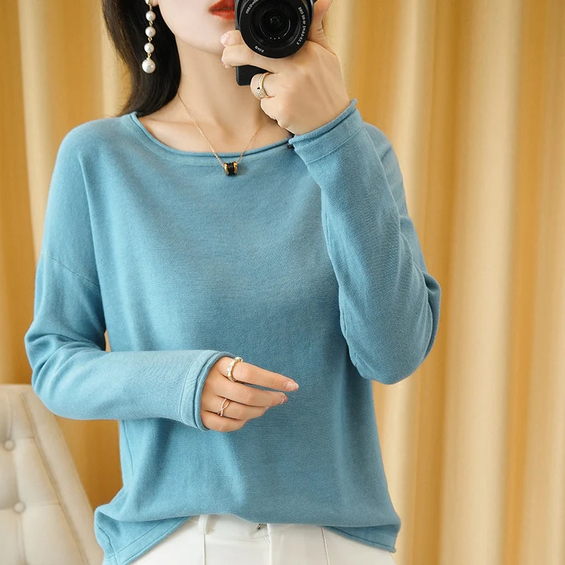 Women's Cotton Long-Sleeve Round-Neck Pullover Sweater with Medium Stretch for Casual Outfits