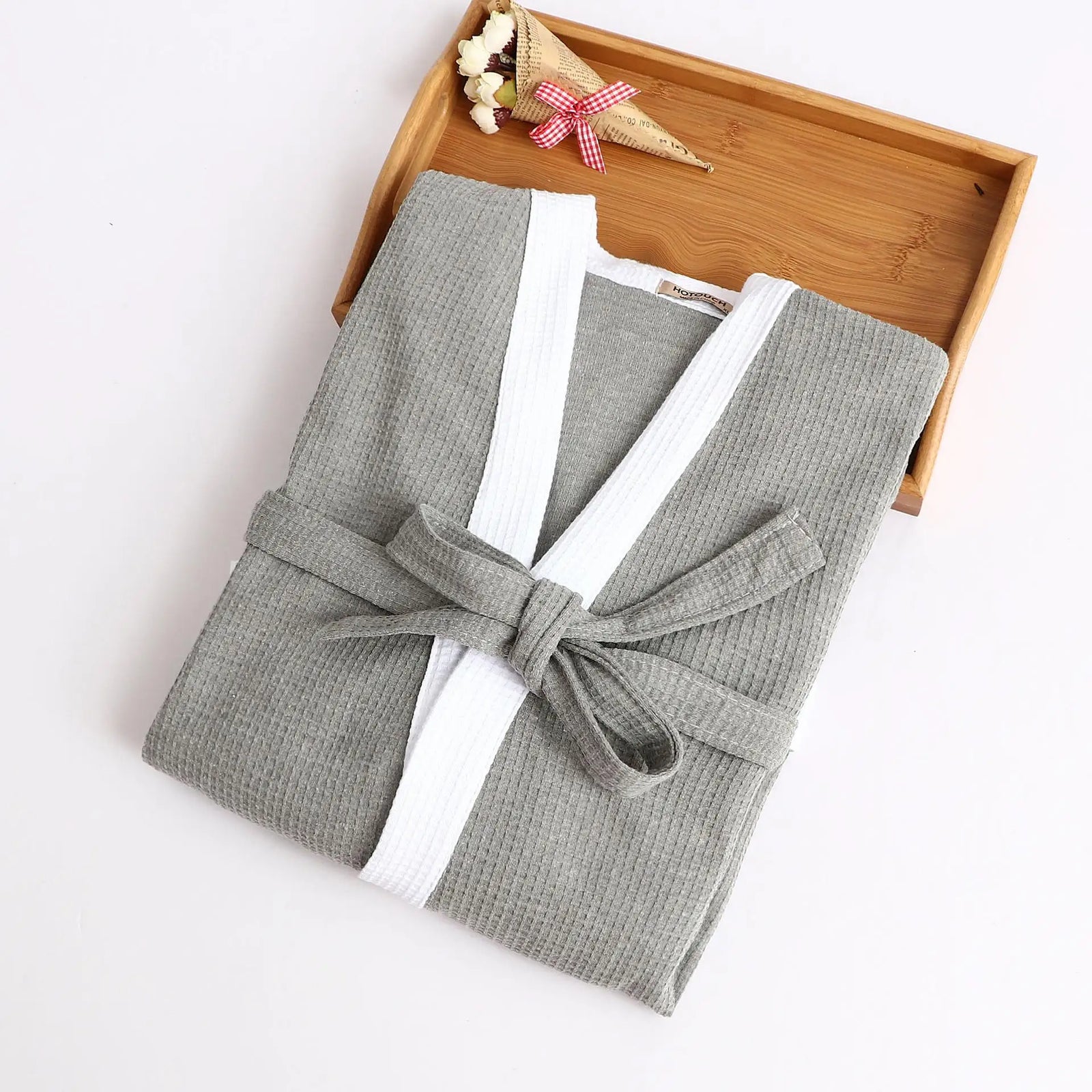 Waffle V Neck Contrast Trim Tie Waist Bathrobe with Pockets