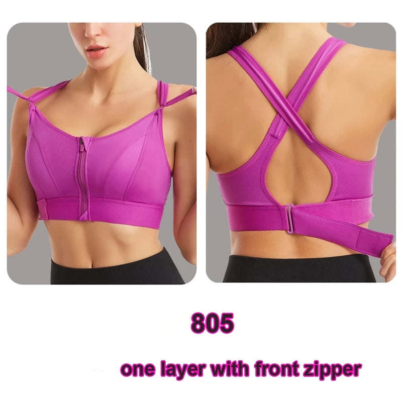 Women's Front Zip Cross Back Sports Bra