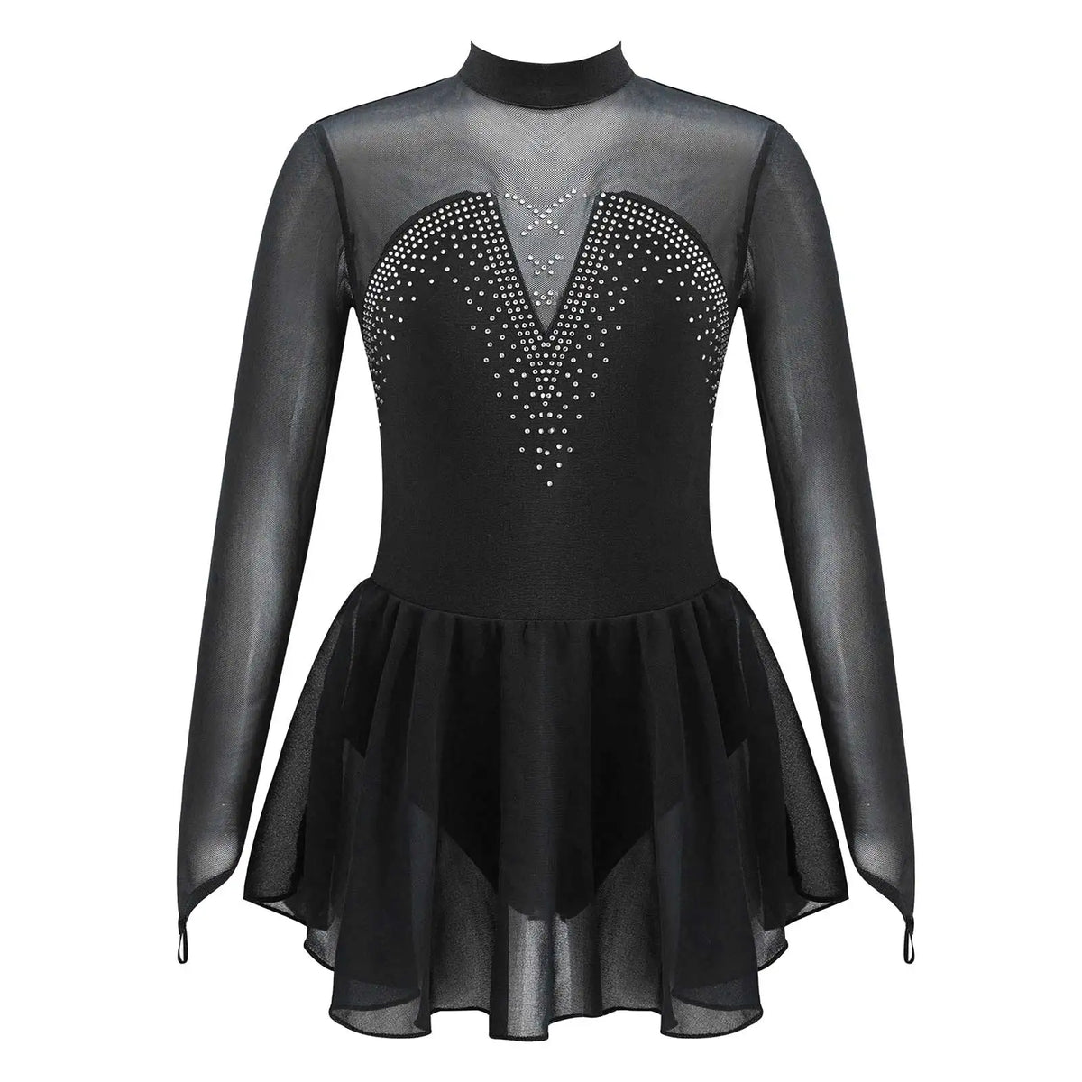 Girls' Long Sleeve Ballet Dress with Rhinestone Mesh and Tulle Skirt