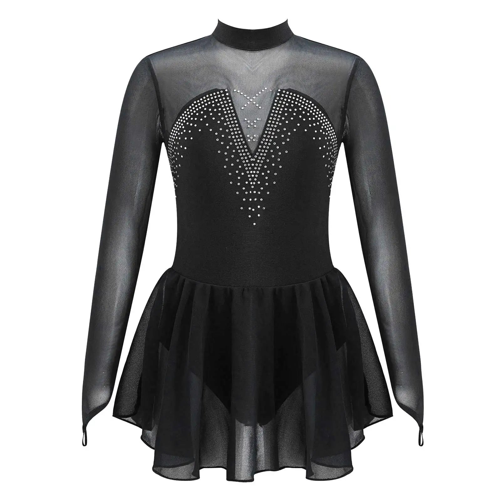 Girls' Long Sleeve Ballet Dress with Rhinestone Mesh and Tulle Skirt