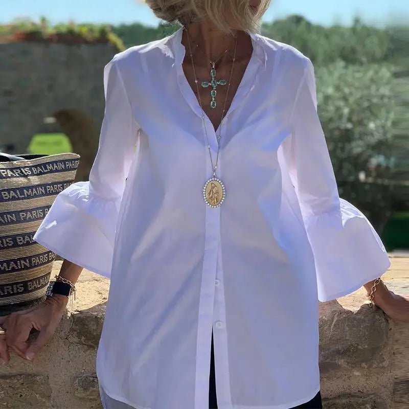 Women's Split Neck Blouse with Flared Three Quarter Sleeves
