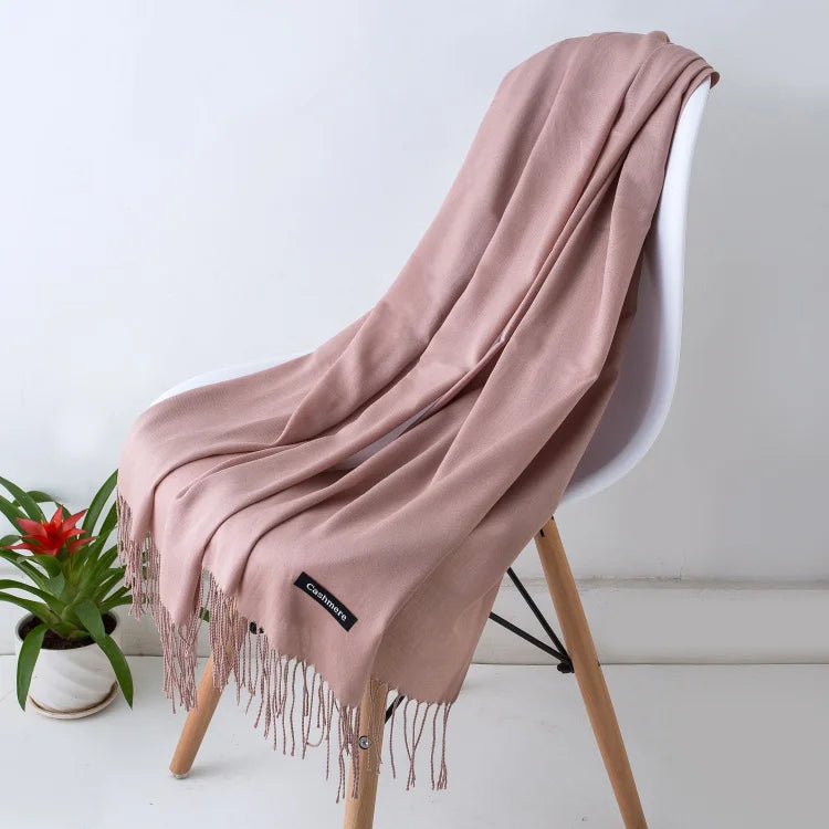 Solid Long Scarf with Decorative Fringed End Trim