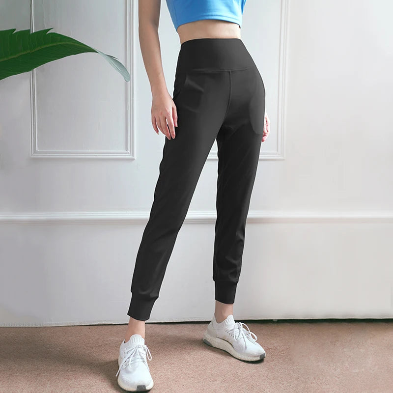 Women's High Waist Nylon Blend Workout Pants with Cuffed Ankles and Pockets