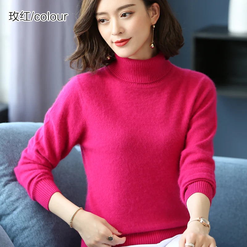 Women's Plain Roll Neck Long Sleeve Sweater Casual Knit Layer