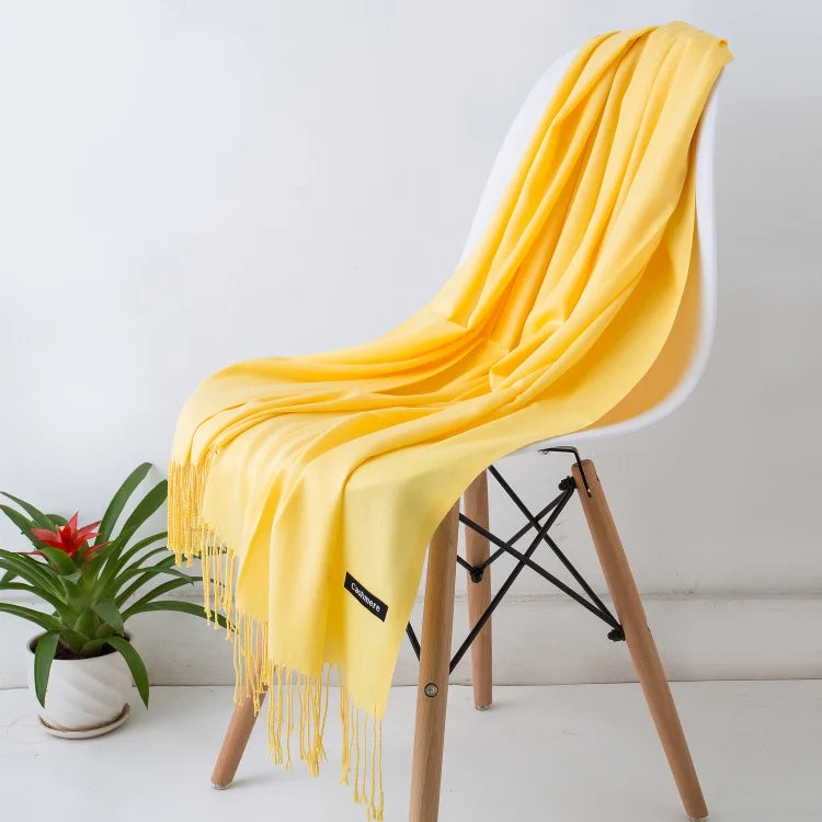 Solid Long Scarf with Decorative Fringed End Trim