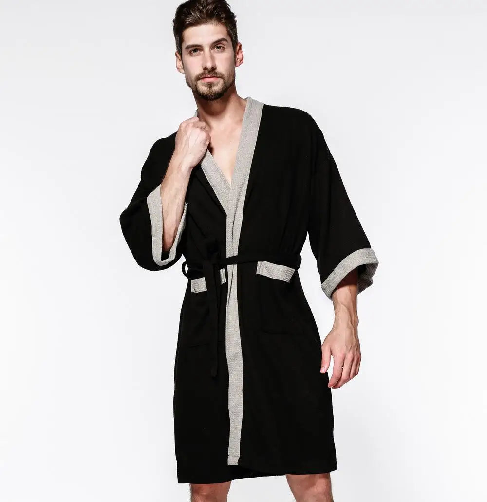 Waffle V Neck Contrast Trim Tie Waist Bathrobe with Pockets