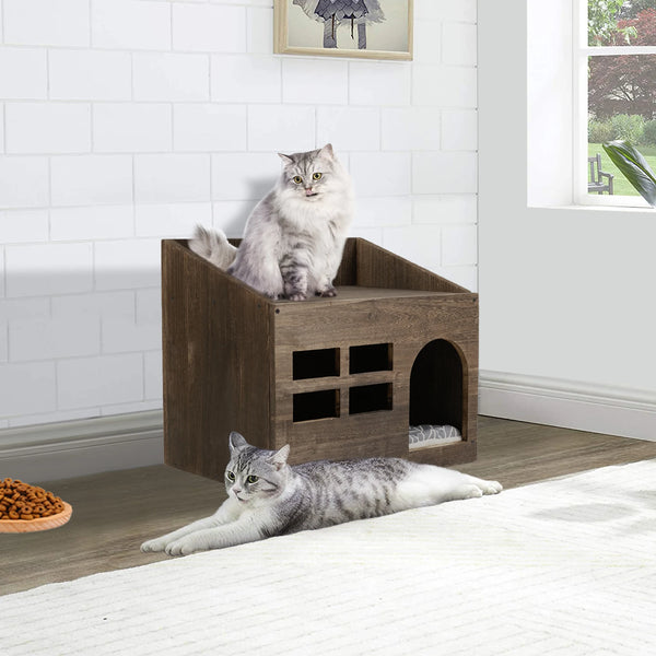 Durable Wooden Cat Cave Bed Furniture Kitten Sleep Lounge House Bed with Cushion Pad Litter Box for Indoor Cats