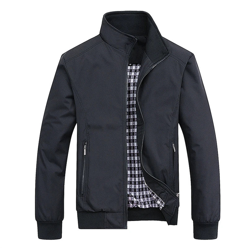 Men’s Solid Zip-Front Bomber Jacket with Stand Collar and Pockets