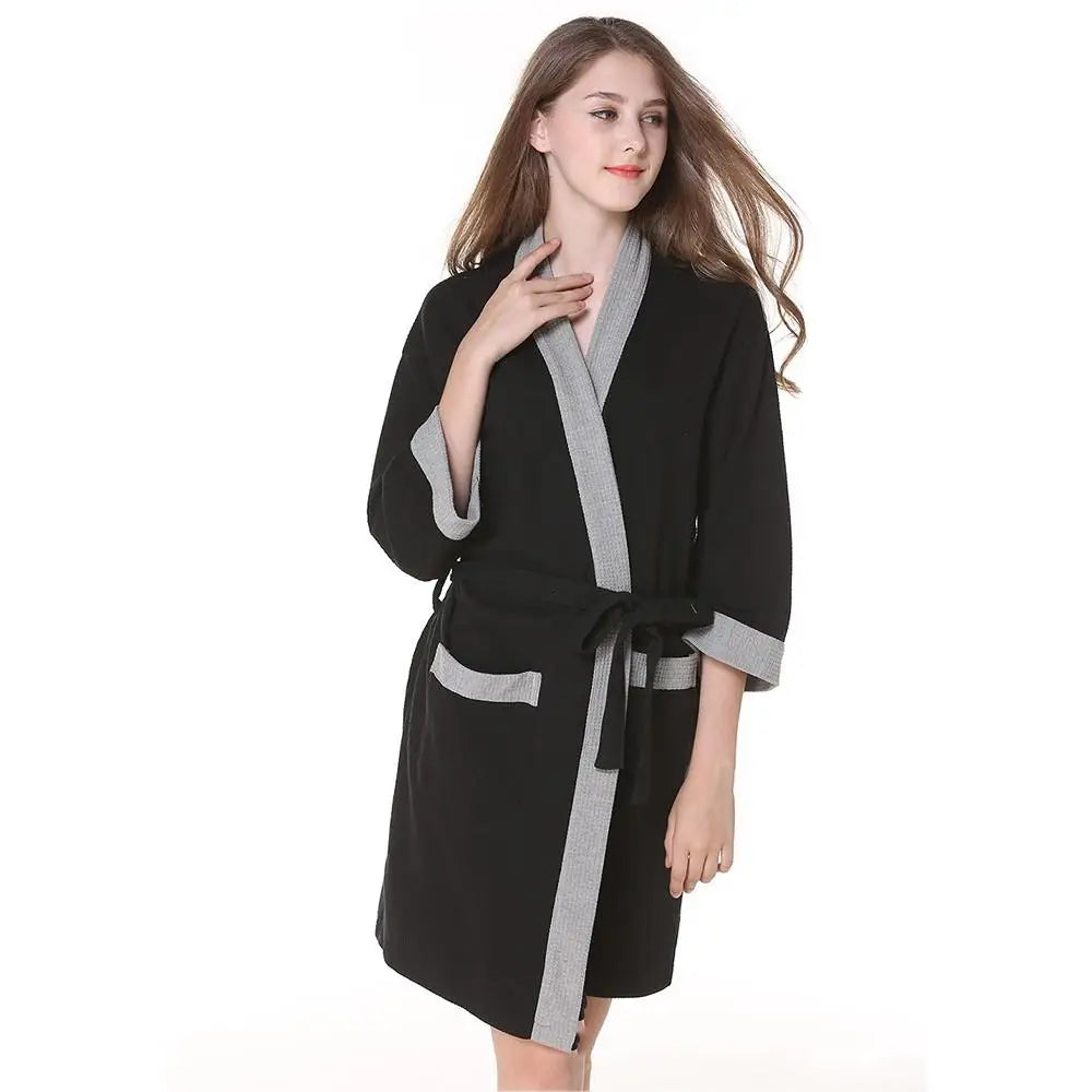 Waffle V Neck Contrast Trim Tie Waist Bathrobe with Pockets