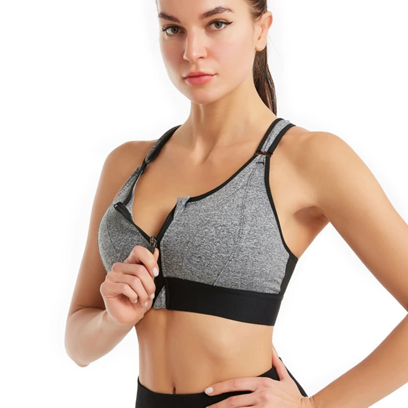 Women's Front Zip Cross Back Sports Bra