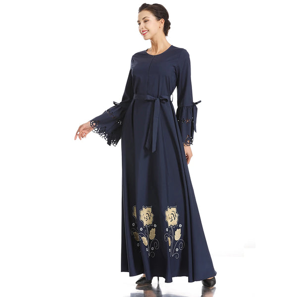 Abayas National Style Maxi Dresses For Women Embroidery Fashion Round Neck Flared Sleeve Hollow Out Design Long Vestidos Muslim