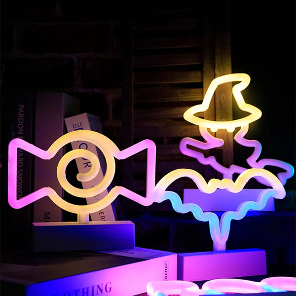Battery Powered USB LED Neon Night Lights Sign Xmas Art Bat Neon Sign Witch Halloween Decoration Party Wall Hanging Neon Lamp
