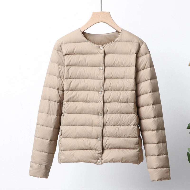 Women's Nylon-Polyester Duck-Down Quilted Long-Sleeve Button-Front Jacket for Casual Everyday Layered Outfits