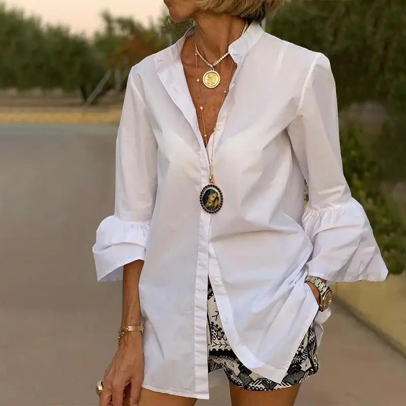 Women's Split Neck Blouse with Flared Three Quarter Sleeves