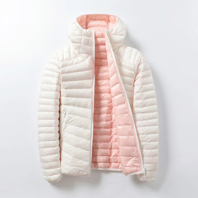 Women's Polyester Hooded Long-Sleeve Zip-Front Duck-Down Puffer Jacket for Everyday Layered Outfits