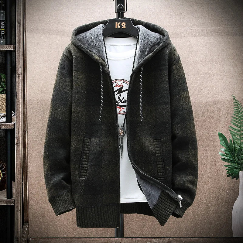 Men's Checked Hooded Zip Front Knit Cardigan