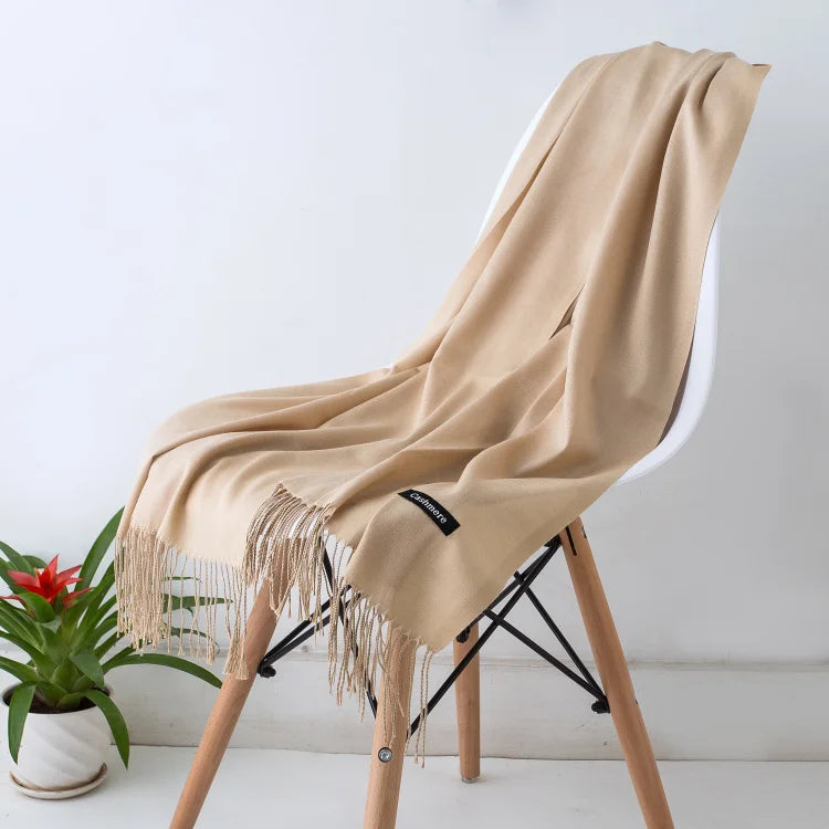 Solid Long Scarf with Decorative Fringed End Trim
