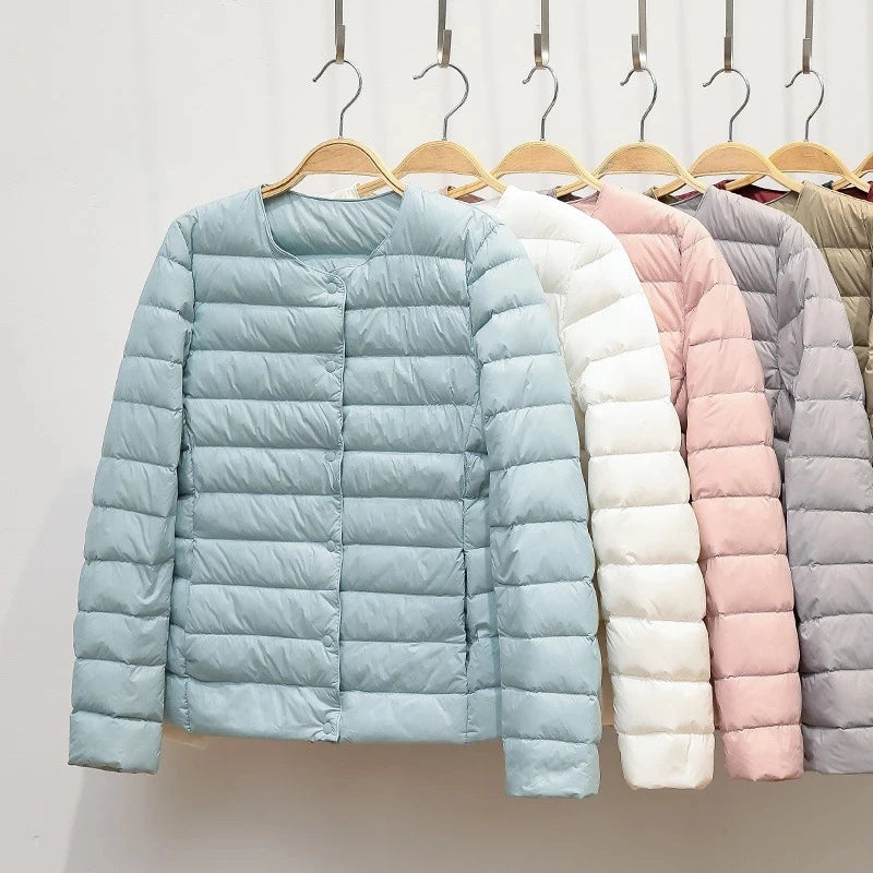 Women's Nylon-Polyester Duck-Down Quilted Long-Sleeve Button-Front Jacket for Casual Everyday Layered Outfits