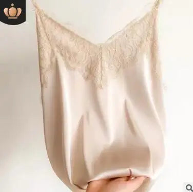 Women's Lace Trim Satin Polyester Camisole with Thin Straps and V Neck