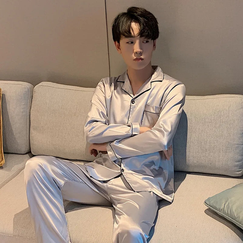 Men's Satin Look Button Front Shirt and Pants Pajama Set