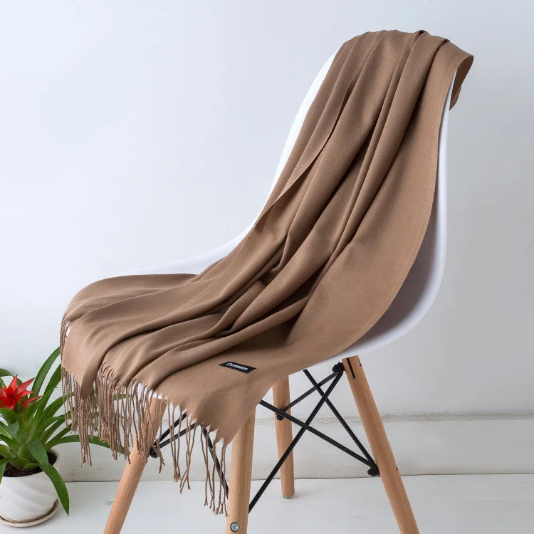 Solid Long Scarf with Decorative Fringed End Trim