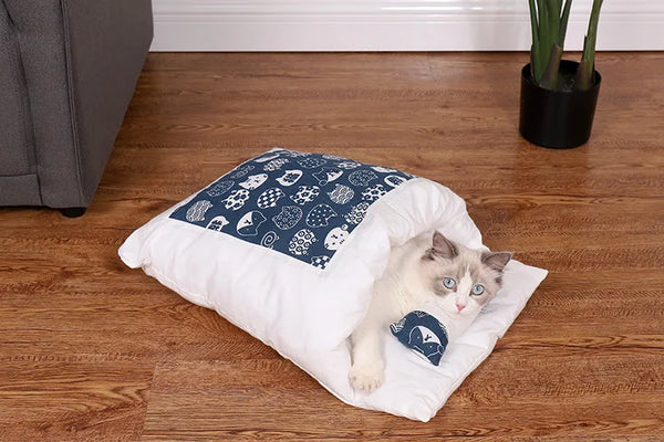 Japanese Cat Bed Warm Cat Sleeping Bag Deep Sleep Cave Winter Removable Pet House Bed for Cats Dogs Nest Cushion with Pillow